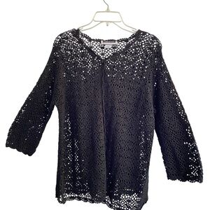LESLIE FAY Black Crocheted Cardigan Y2K One Button Size 16W Ramie Cotton Sweater